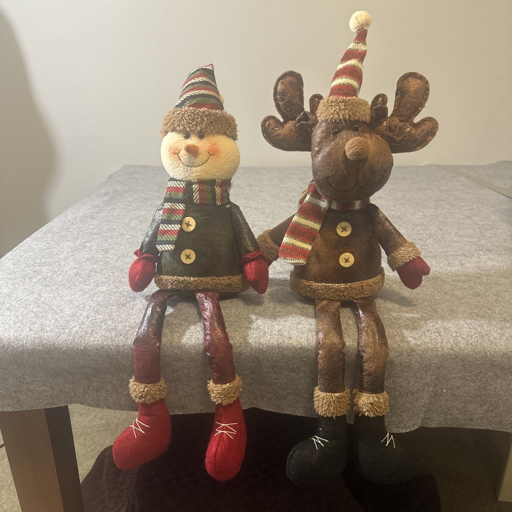 24" Christmas Plush Reindeer and Snowman Shelf Sitting Rustic Decor Set of 2